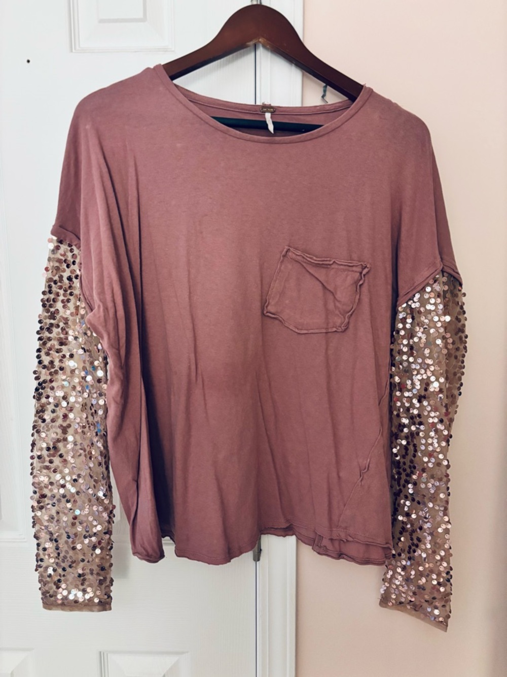 Free People Mauve Top with Sequin Sleeve Detail